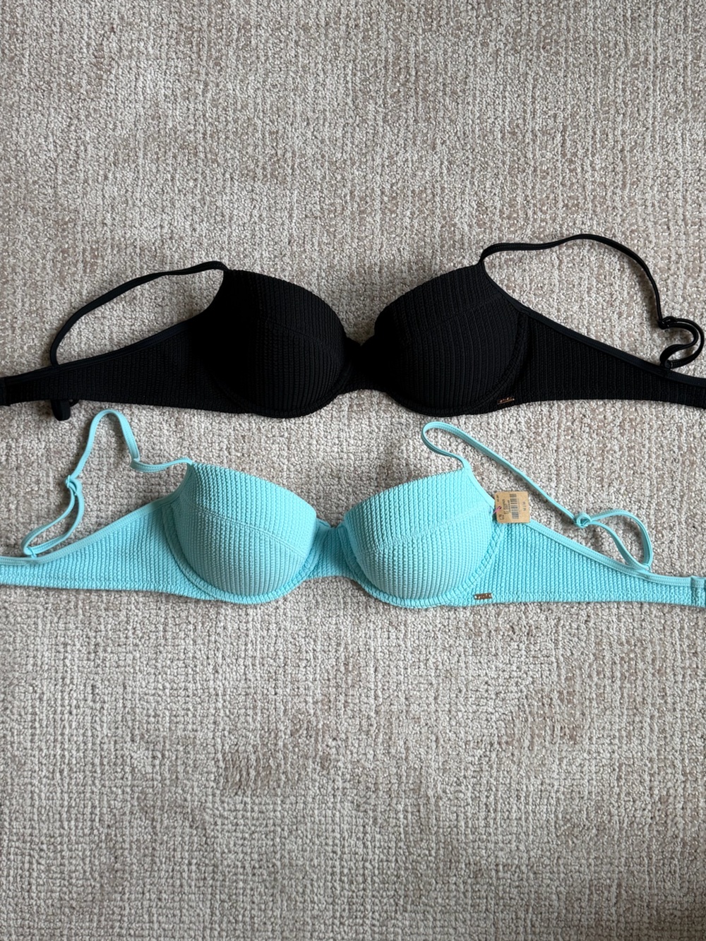 PINK Victoria's Secret Black & Aqua Ribbed Underwire Bikini Tops